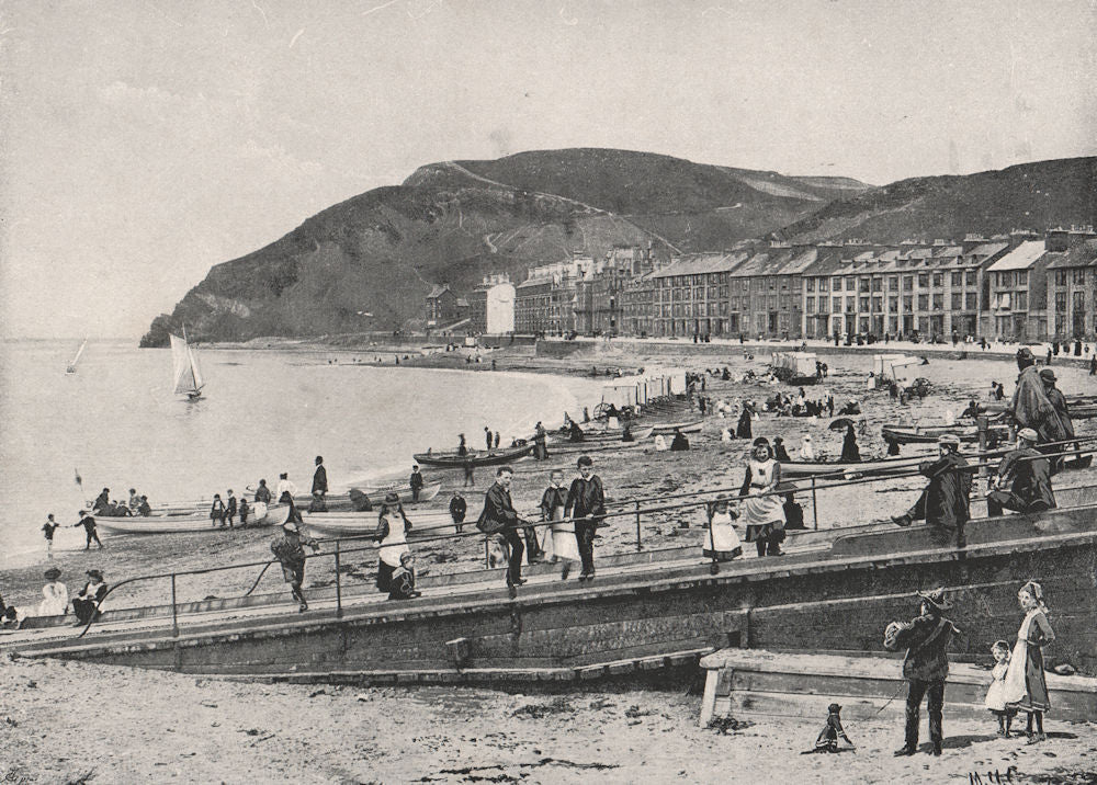 ABERYSTWYTH. Sea front. Busy scene. Boats & children. Wales 1900 old print